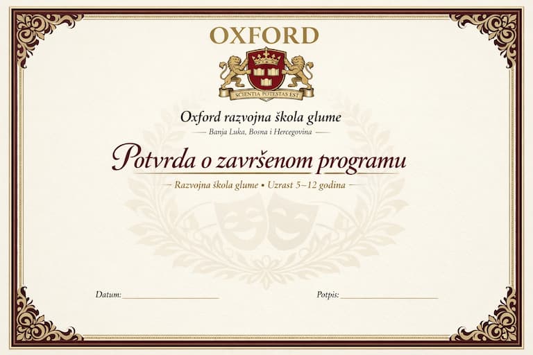 Potvrda o završenom programu - Oxford razvojna škola glume