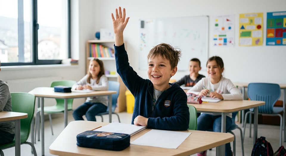 Dijete aktivno učestvuje na času engleskog jezika u svijetloj učionici